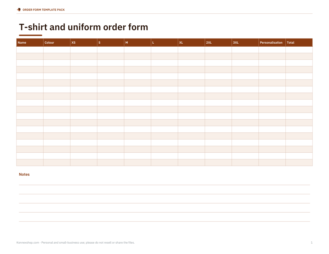 Preview of the first page of T-shirt order form (XLSX/PDF)