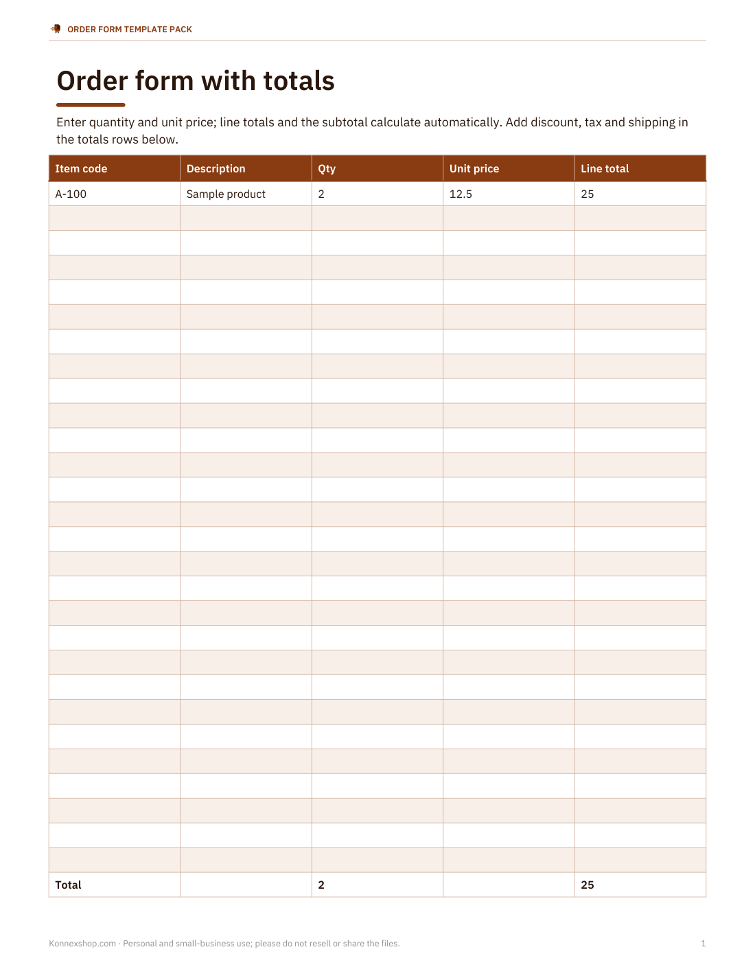 Preview of the first page of Excel order form (XLSX)