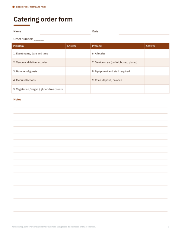 Preview of Printable Catering Order Form
