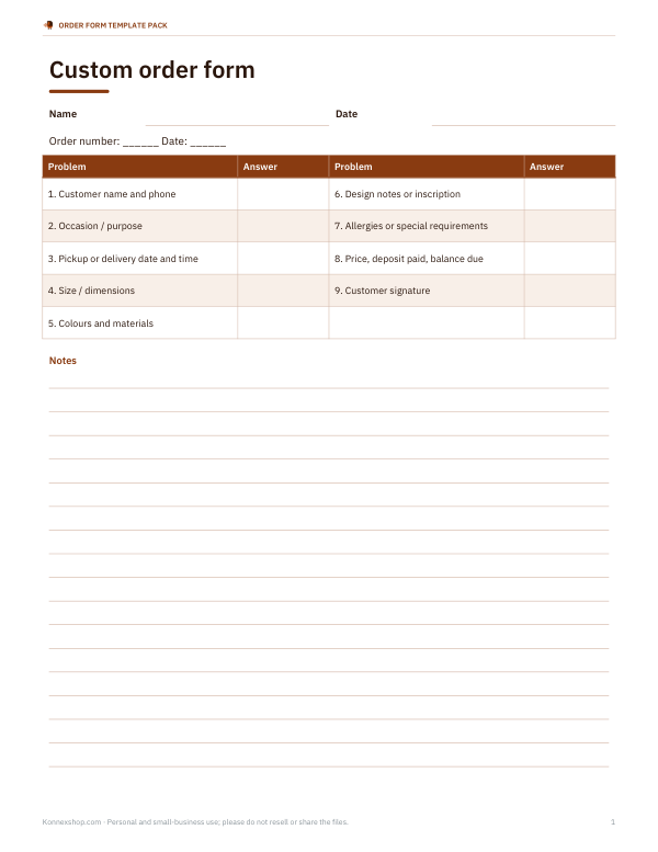 Preview of Printable Custom Order Form