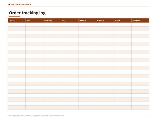 Preview of Printable Order Log Sheet