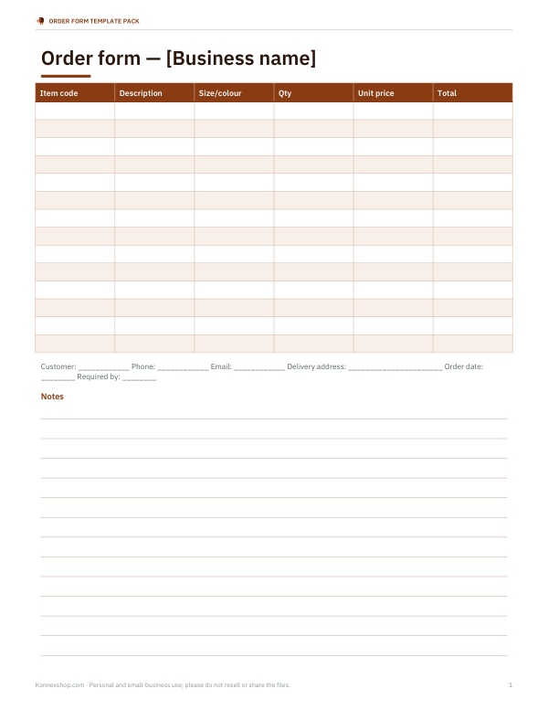 Preview of Printable Product Order Form